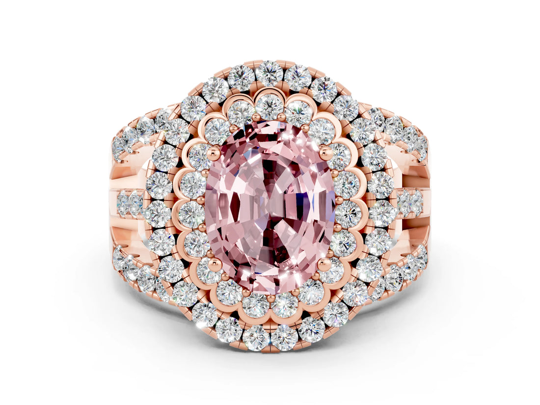 Rose gold Double Halo Oval Cut Diamond Split Shank Pave Set Ring
