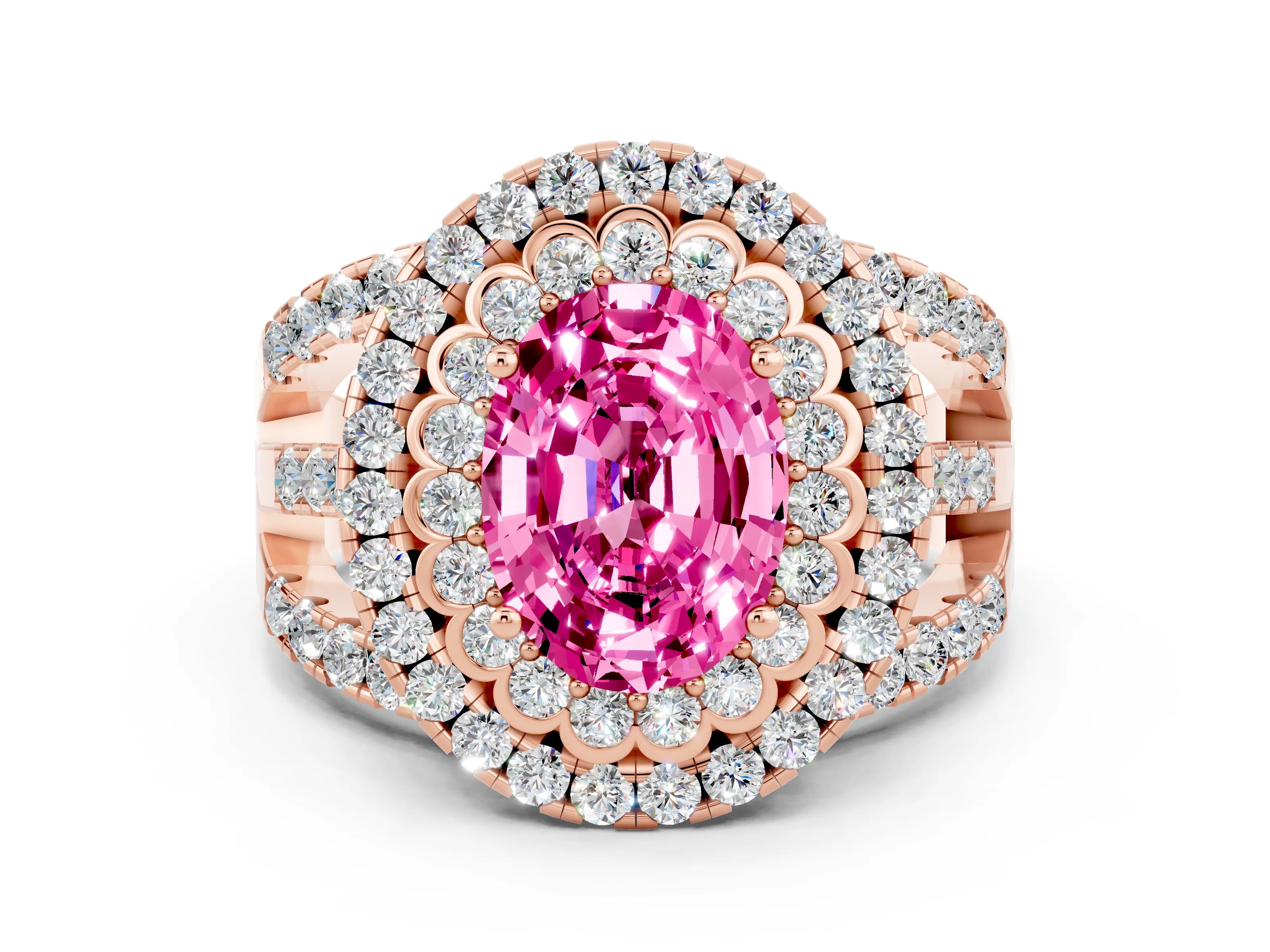 Rose gold Double Halo Oval Cut Diamond Split Shank Pave Set Ring