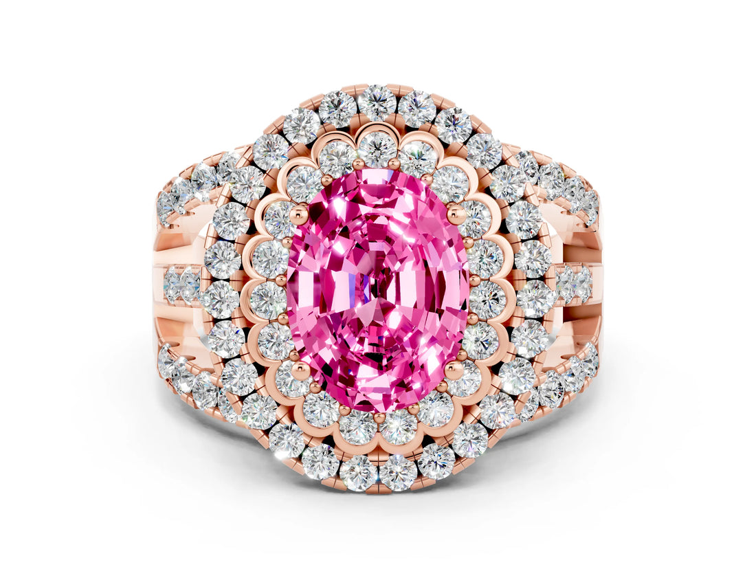 Rose gold Double Halo Oval Cut Diamond Split Shank Pave Set Ring