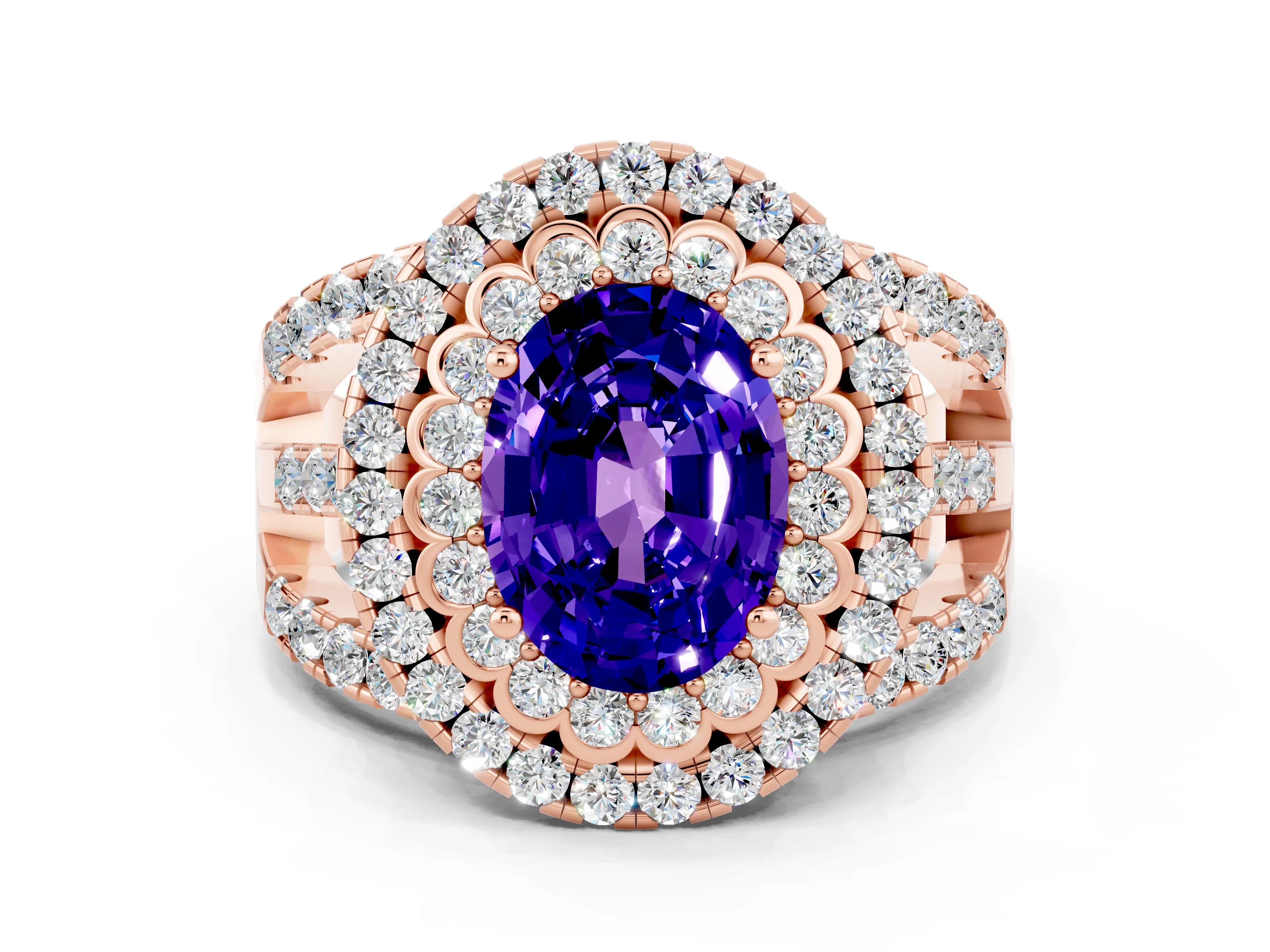Rose gold Double Halo Oval Cut Diamond Split Shank Pave Set Ring