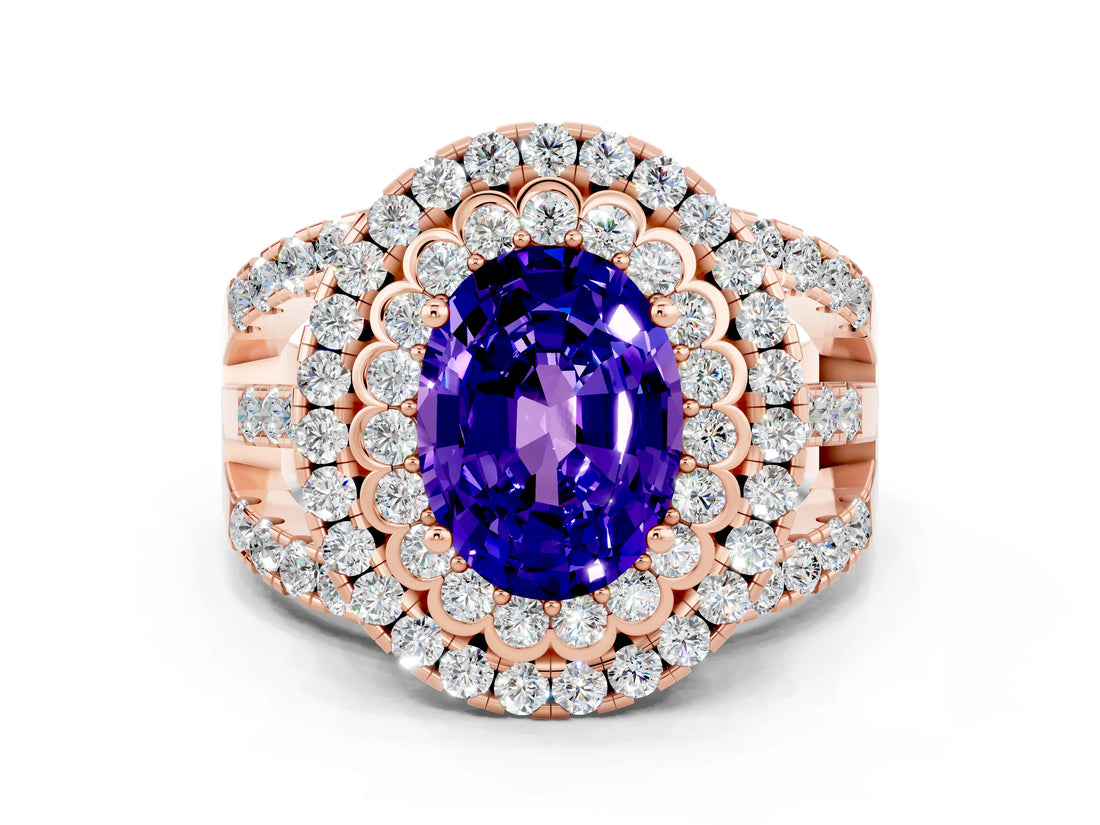 Rose gold Double Halo Oval Cut Diamond Split Shank Pave Set Ring