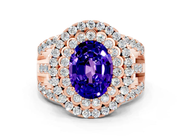 Rose gold Oval Cut Tanzanite Double Halo Ring with Round Pavé Split Shank and Prong Setting