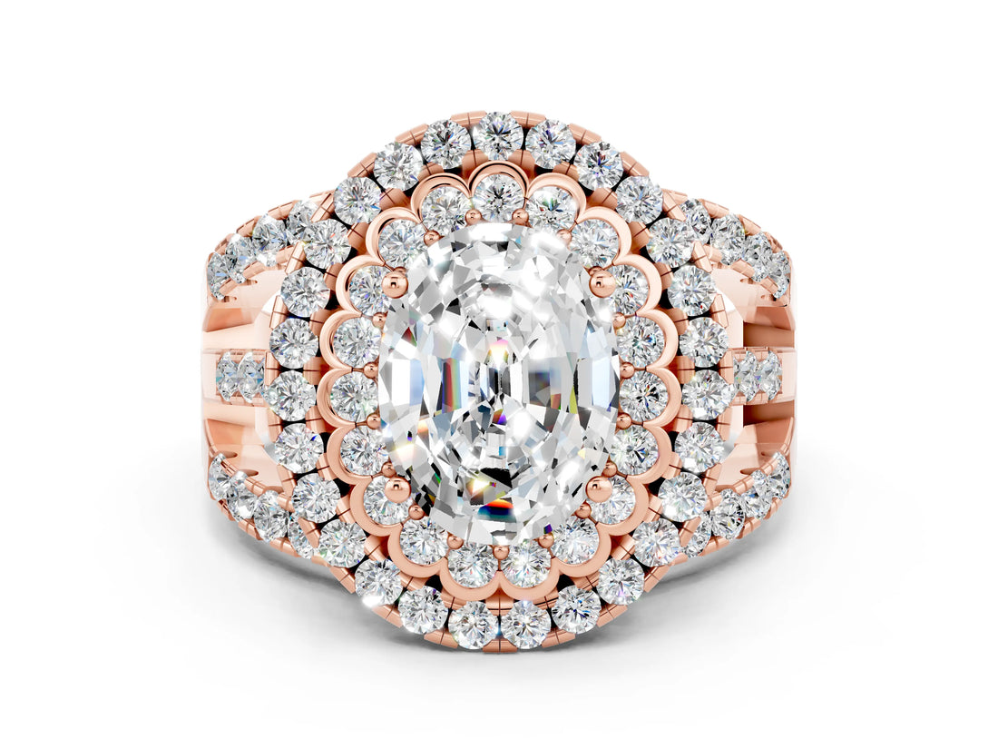 Rose gold Double Halo Oval Cut Diamond Split Shank Pave Set Ring