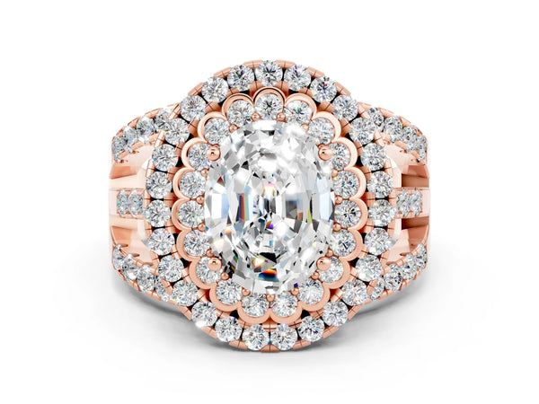 Rose gold Oval Cut Moissanite Double Halo Ring with Round Pavé Split Shank and Prong Setting