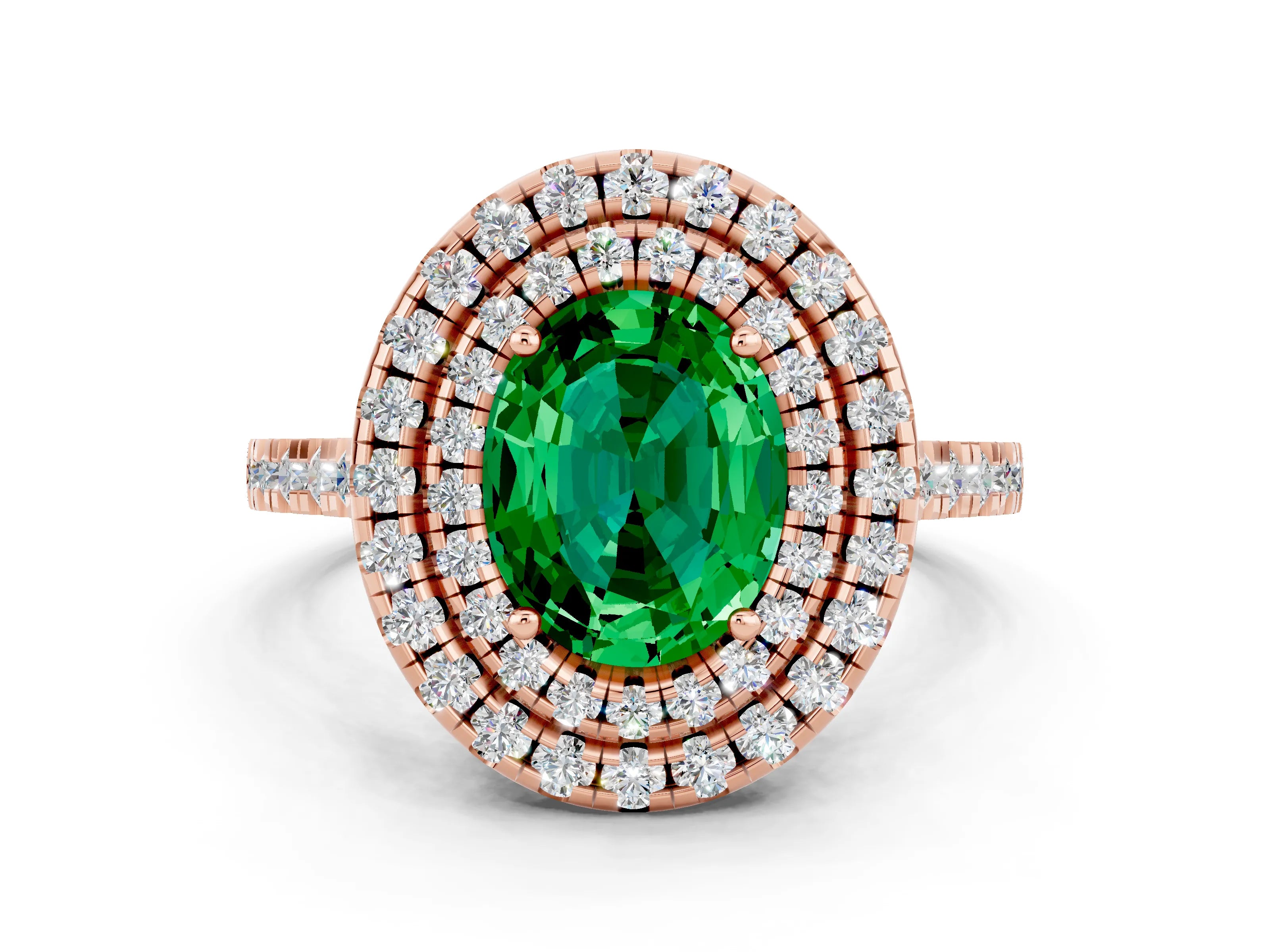 Rose gold Double Halo Oval Cut Emerald Pavé Band with Four-Prong Setting
