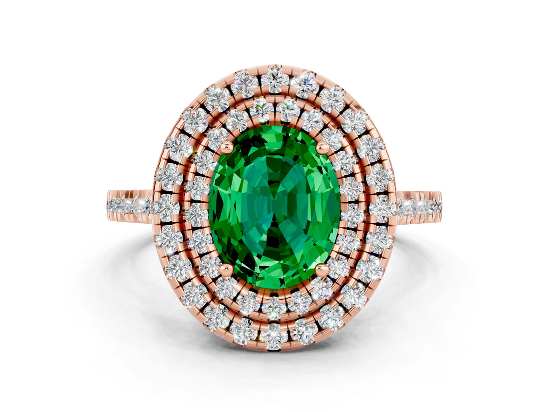 Rose gold Double Halo Oval Cut Emerald Pavé Band with Four-Prong Setting