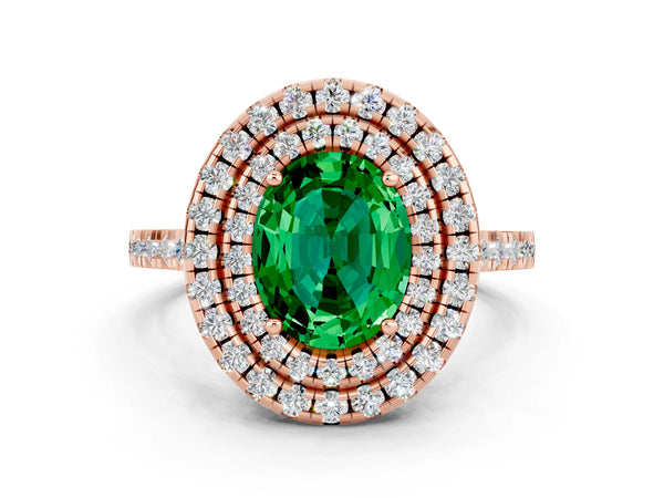 Rose gold Double Halo Oval Cut Emerald Pavé Band with Four-Prong Setting