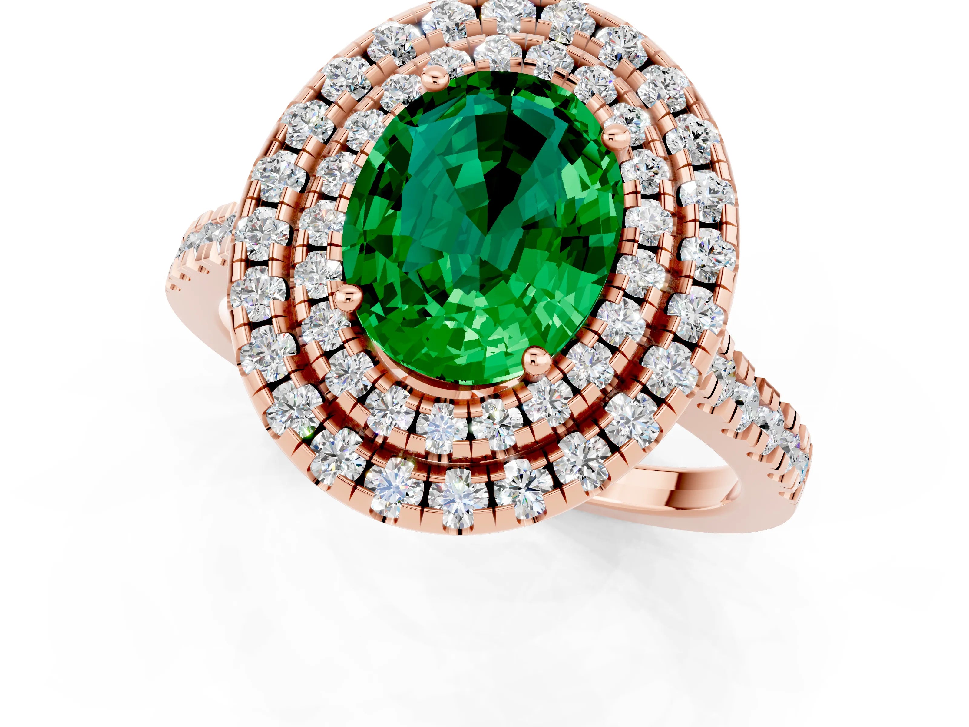 Rose gold Double Halo Oval Cut Emerald Pavé Band with Four-Prong Setting_1
