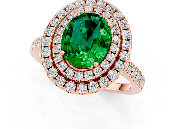Rose gold Double Halo Oval Cut Emerald Pavé Band with Four-Prong Setting