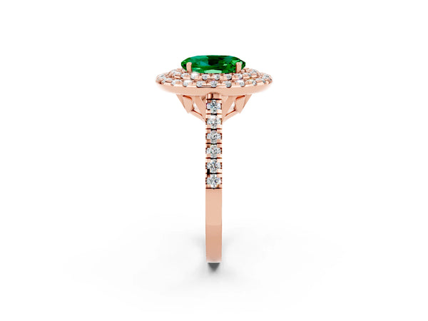 Rose gold Double Halo Oval Cut Emerald Pavé Band with Four-Prong Setting