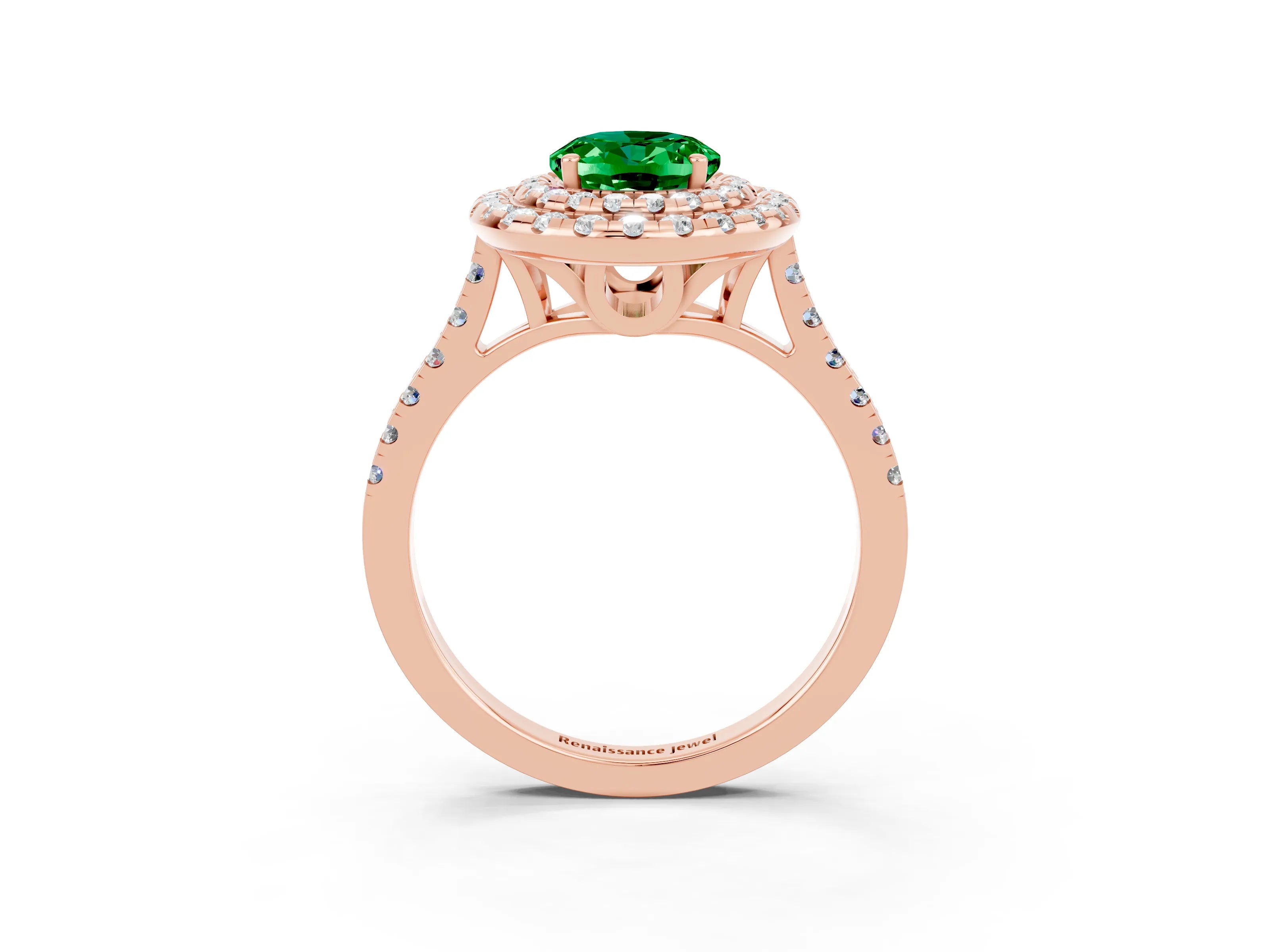 Rose gold Double Halo Oval Cut Emerald Pavé Band with Four-Prong Setting_3