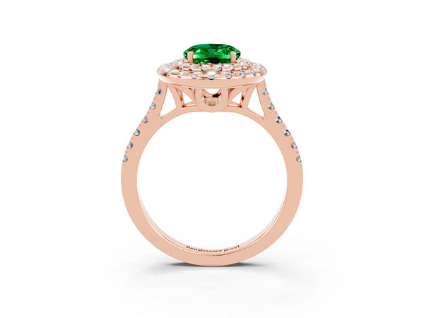 Rose gold Double Halo Oval Cut Emerald Pavé Band with Four-Prong Setting