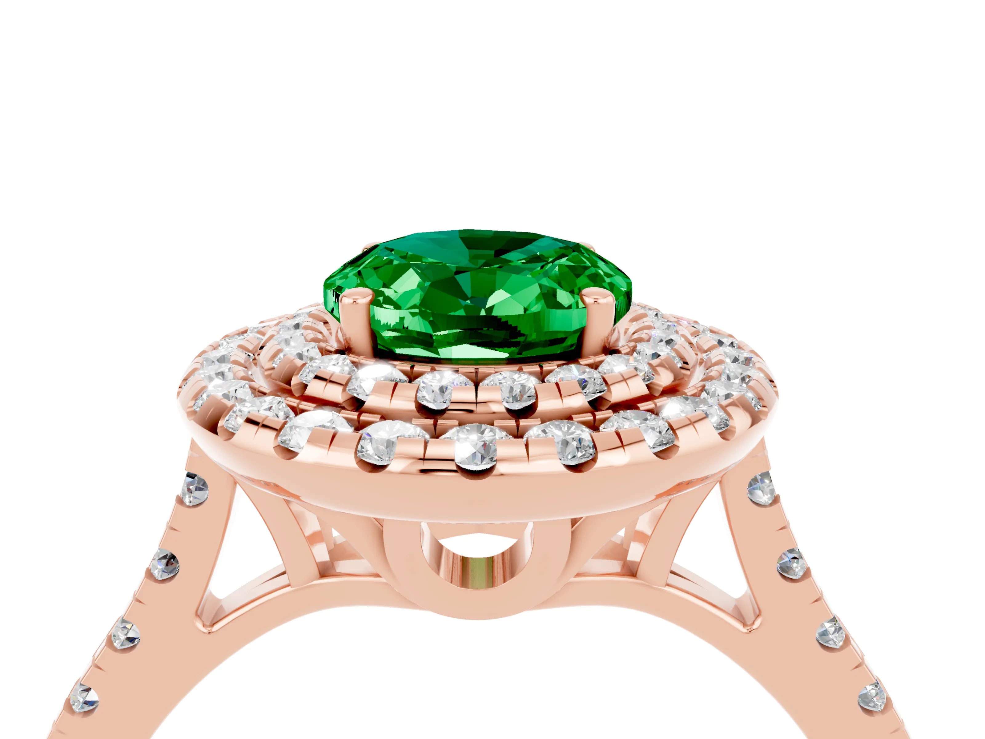 Rose gold Double Halo Oval Cut Emerald Pavé Band with Four-Prong Setting_4