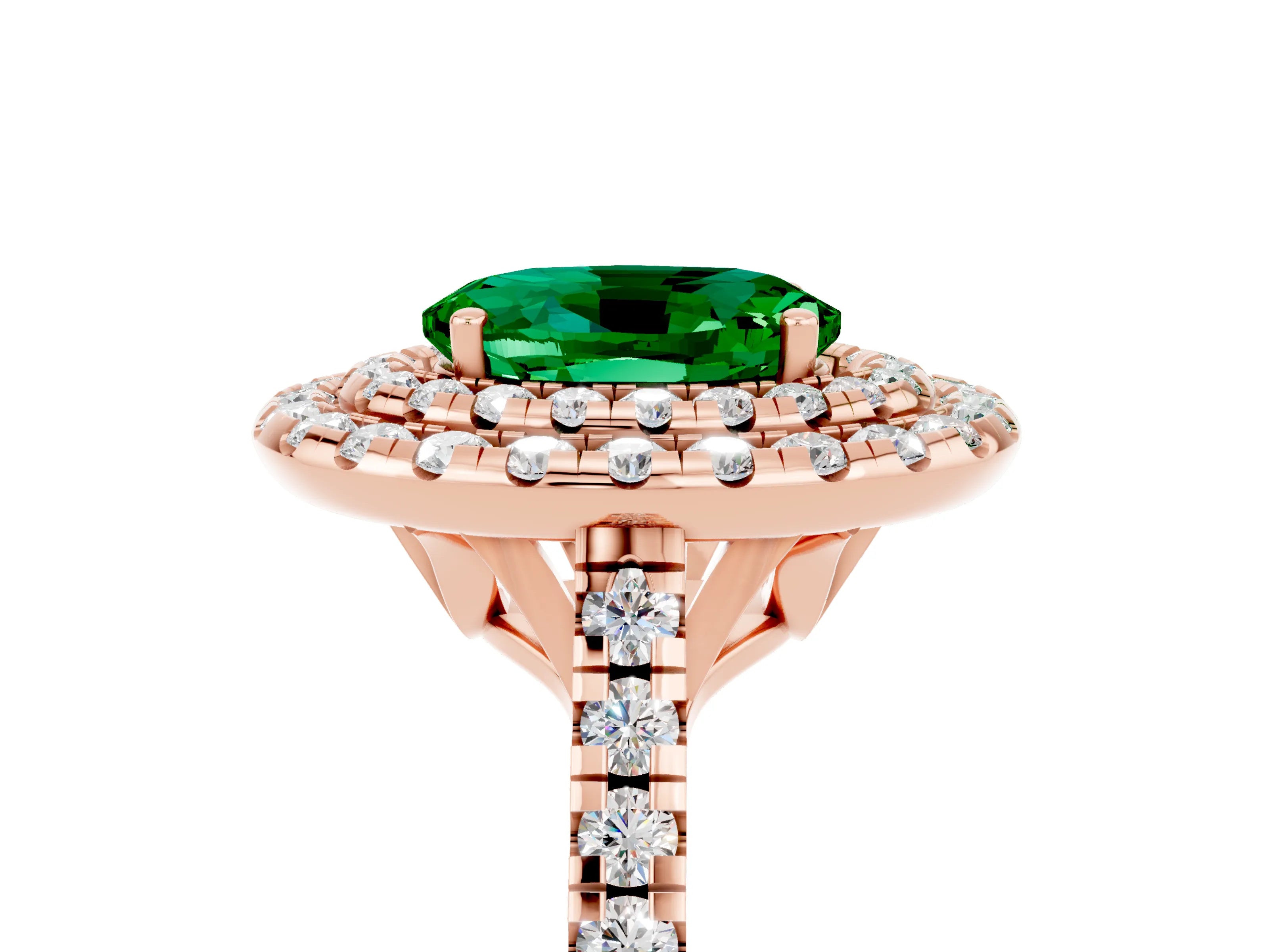 Rose gold Double Halo Oval Cut Emerald Pavé Band with Four-Prong Setting_5