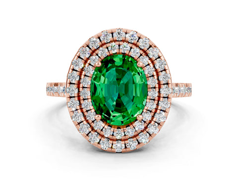 Rose gold Double Halo Oval Cut Emerald Pavé Band with Four-Prong Setting