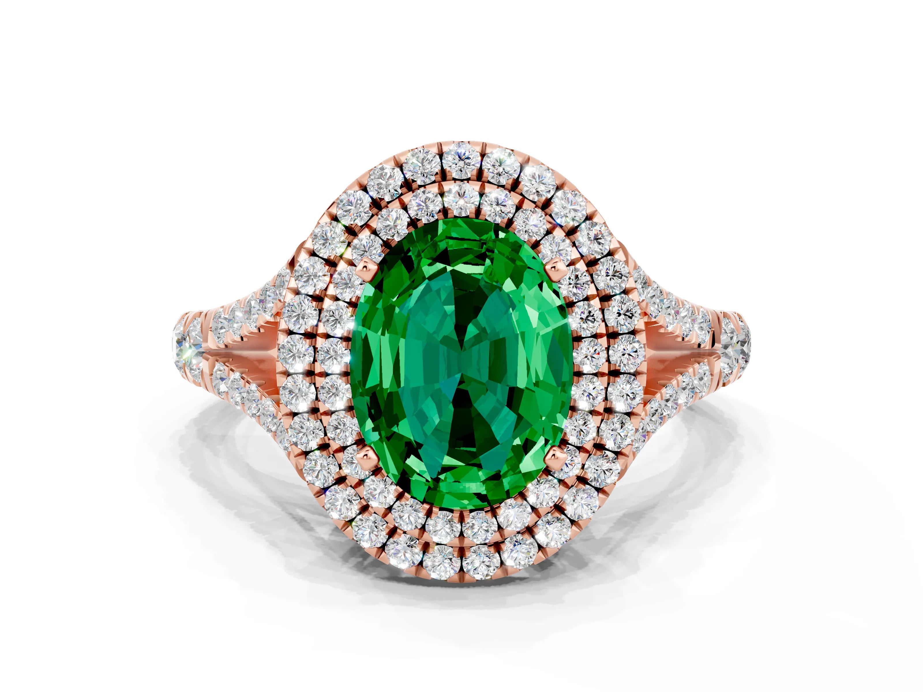 Rose gold Double Halo Oval Cut Emerald Pavé Split Shank Ring with Prong Setting
