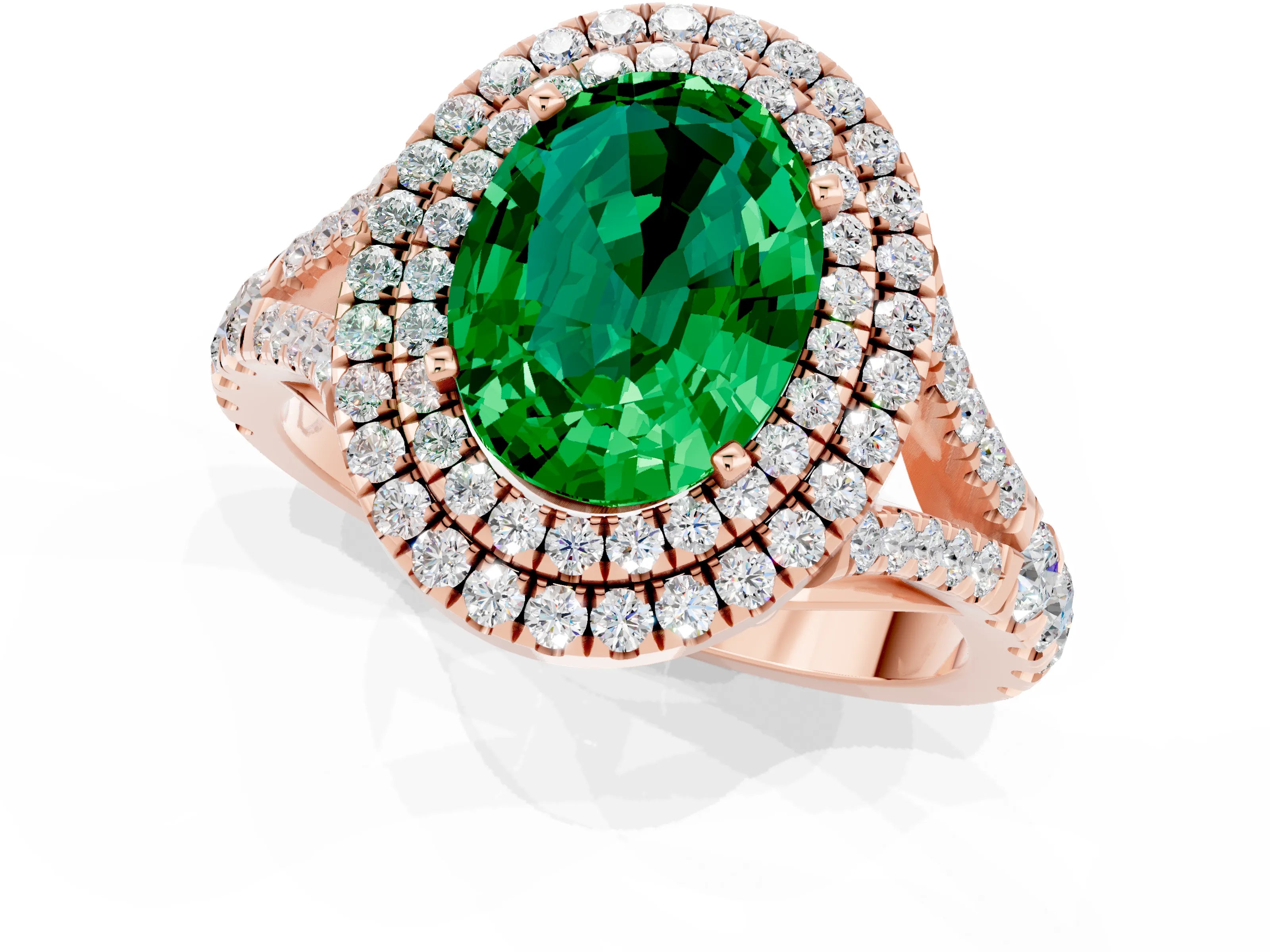 Rose gold Double Halo Oval Cut Emerald Pavé Split Shank Ring with Prong Setting_1