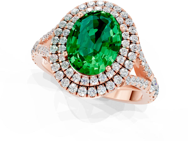 Rose gold Double Halo Oval Cut Emerald Pavé Split Shank Ring with Prong Setting