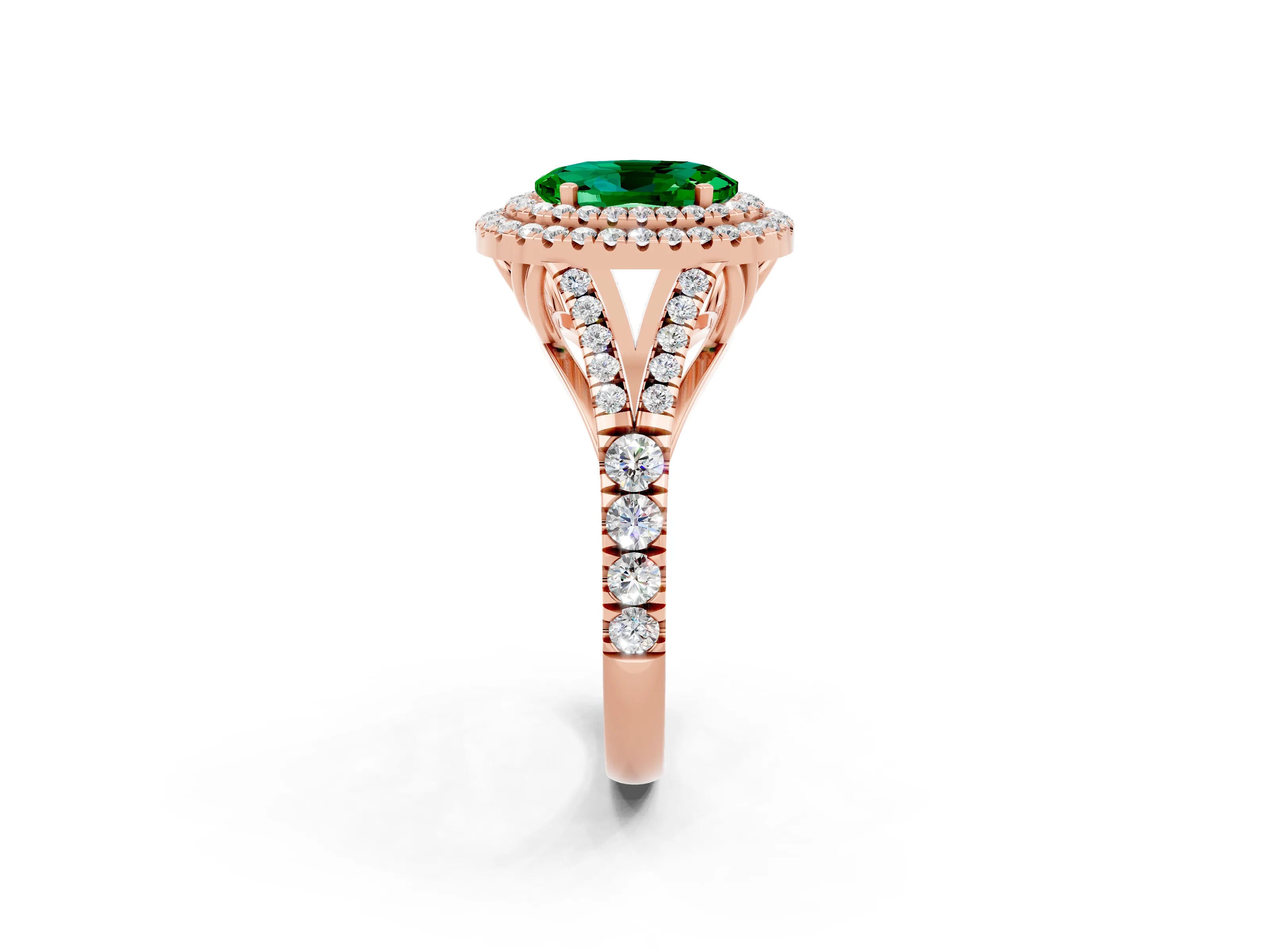 Rose gold Double Halo Oval Cut Emerald Pavé Split Shank Ring with Prong Setting_2