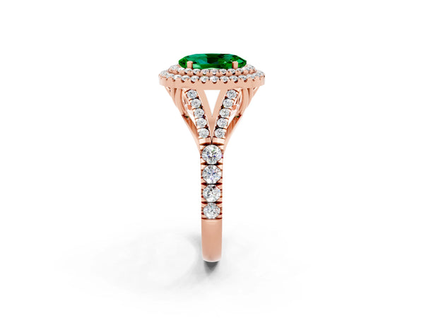 Rose gold Double Halo Oval Cut Emerald Pavé Split Shank Ring with Prong Setting