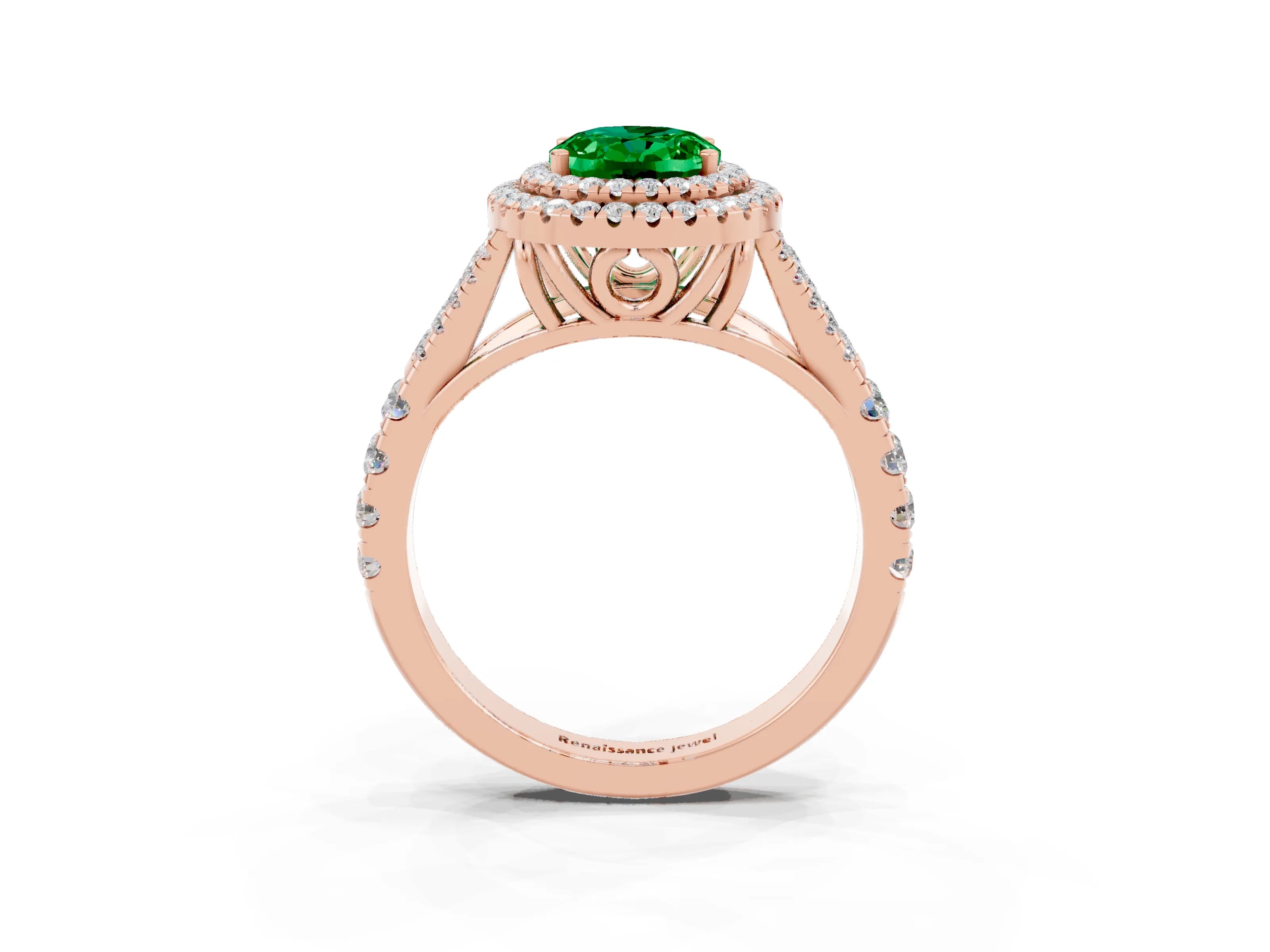 Rose gold Double Halo Oval Cut Emerald Pavé Split Shank Ring with Prong Setting_3