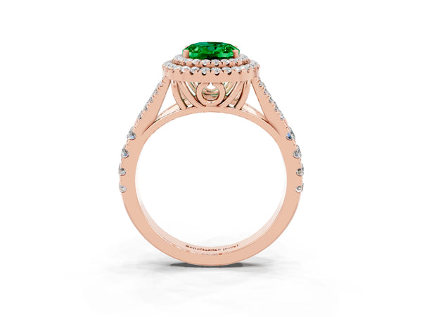 Rose gold Double Halo Oval Cut Emerald Pavé Split Shank Ring with Prong Setting