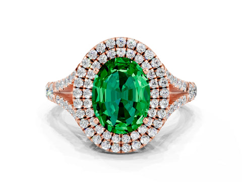 Rose gold Double Halo Oval Cut Emerald Pavé Split Shank Ring with Prong Setting