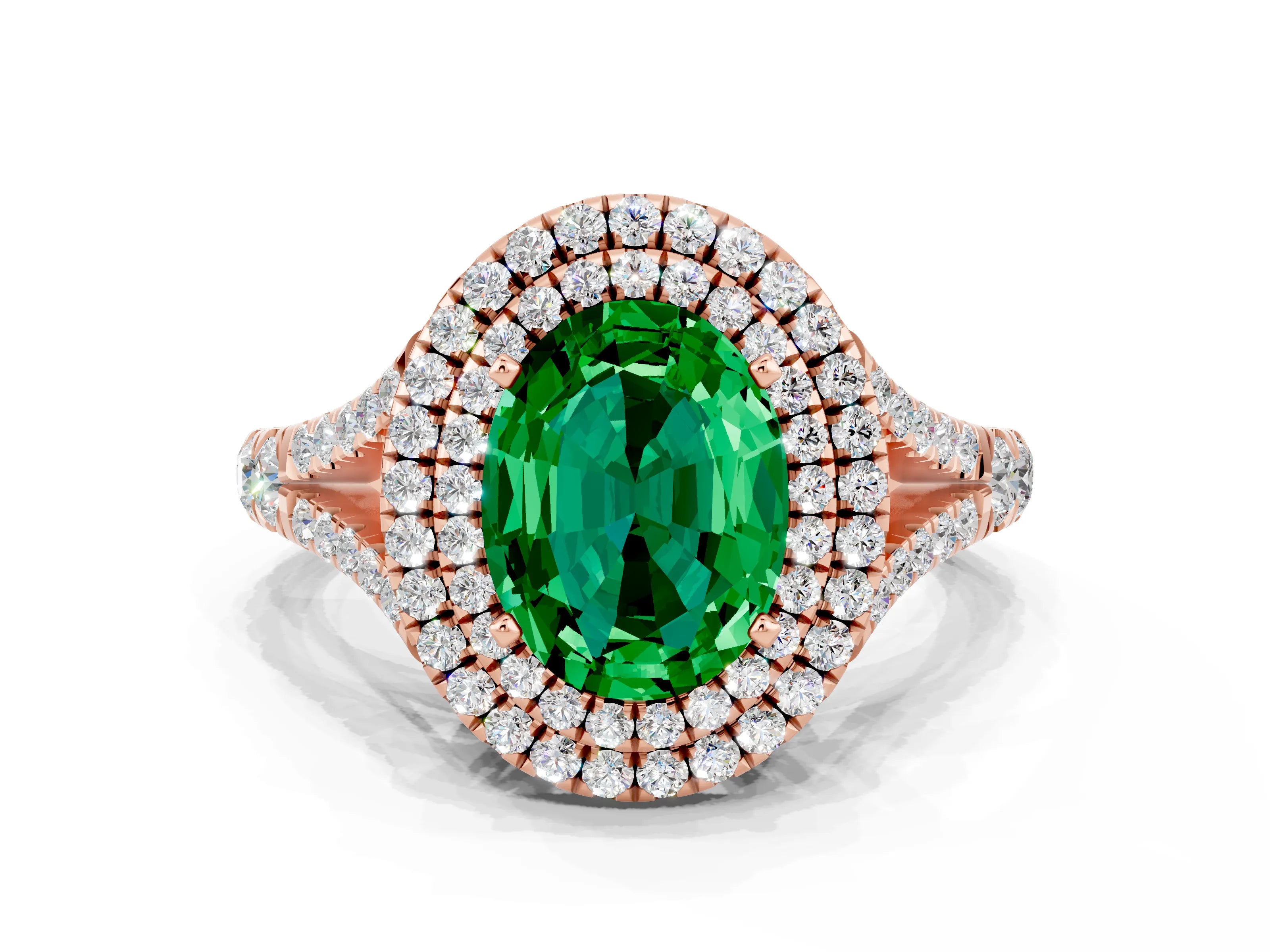 Rose gold Double Halo Oval Cut Emerald Split Shank Engagement Ring with Four-Prong Setting