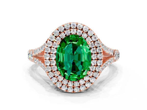 Rose gold Double Halo Oval Cut Emerald Split Shank Engagement Ring with Four-Prong Setting