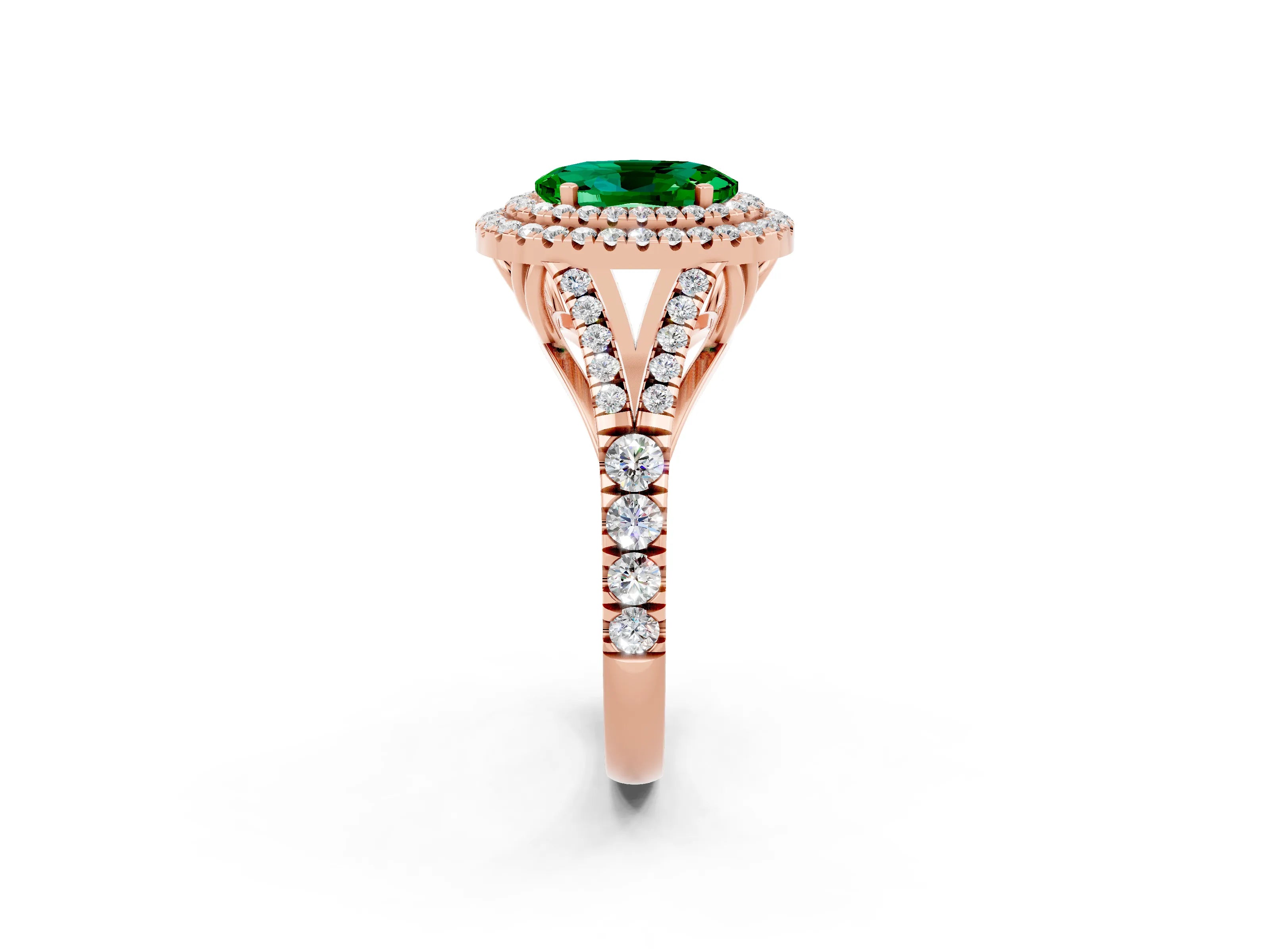 Rose gold Double Halo Oval Cut Emerald Split Shank Engagement Ring with Four-Prong Setting_2