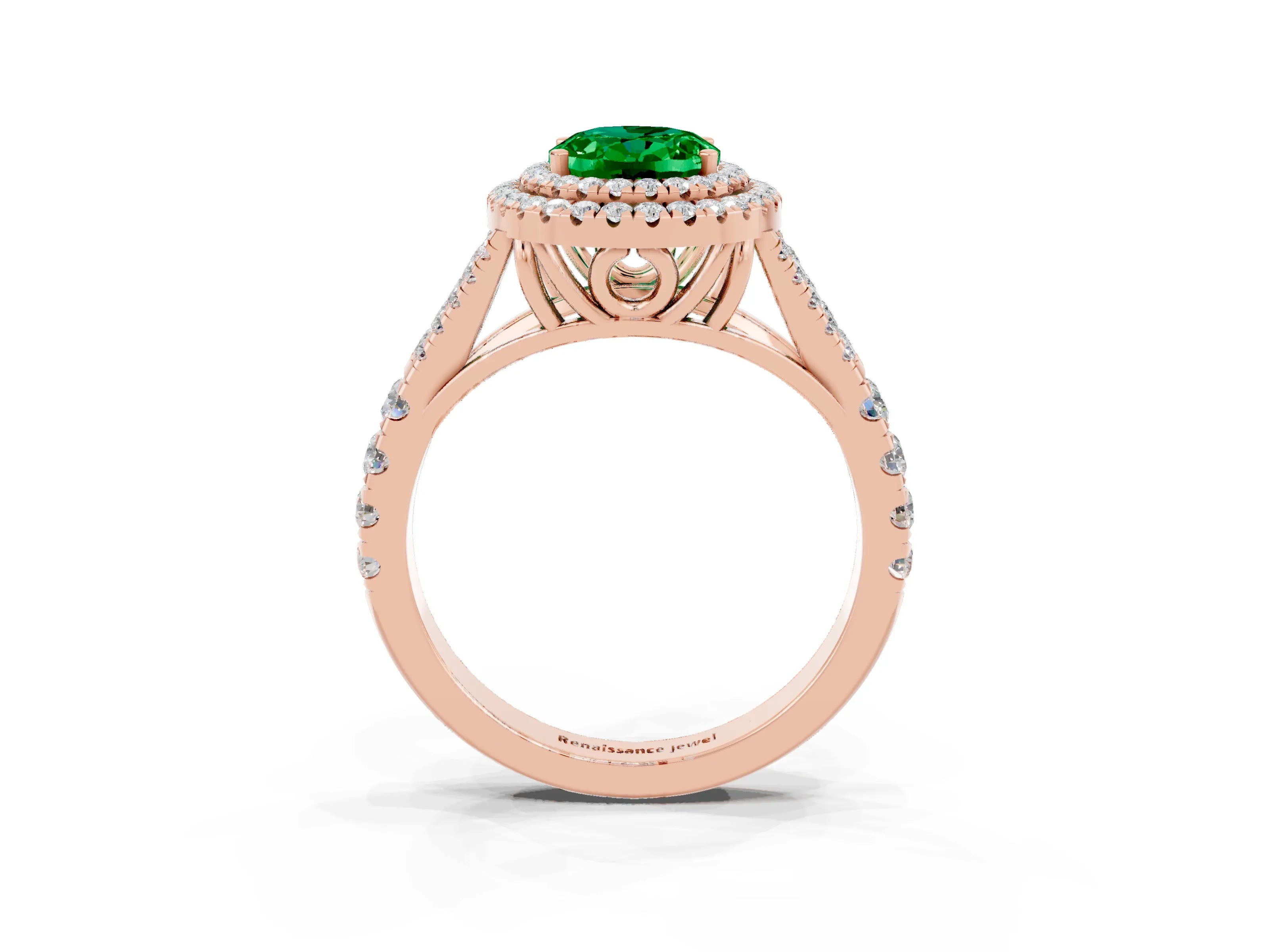Rose gold Double Halo Oval Cut Emerald Split Shank Engagement Ring with Four-Prong Setting_3