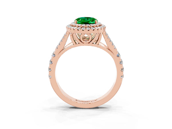 Rose gold Double Halo Oval Cut Emerald Split Shank Engagement Ring with Four-Prong Setting