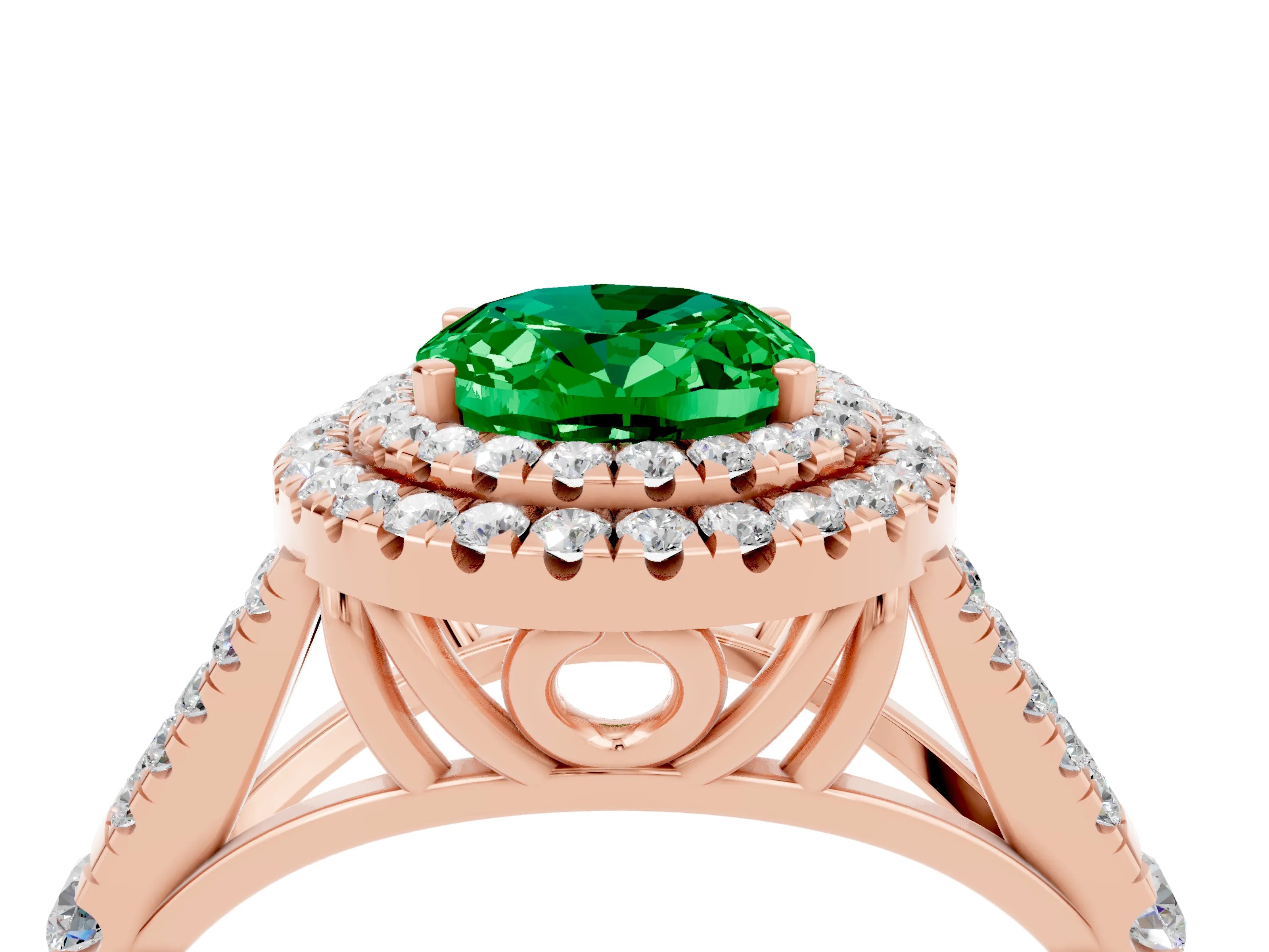 Rose gold Double Halo Oval Cut Emerald Split Shank Engagement Ring with Four-Prong Setting_4