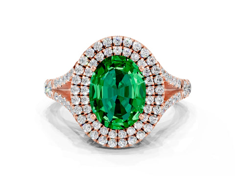 Rose gold Double Halo Oval Cut Emerald Split Shank Engagement Ring with Four-Prong Setting