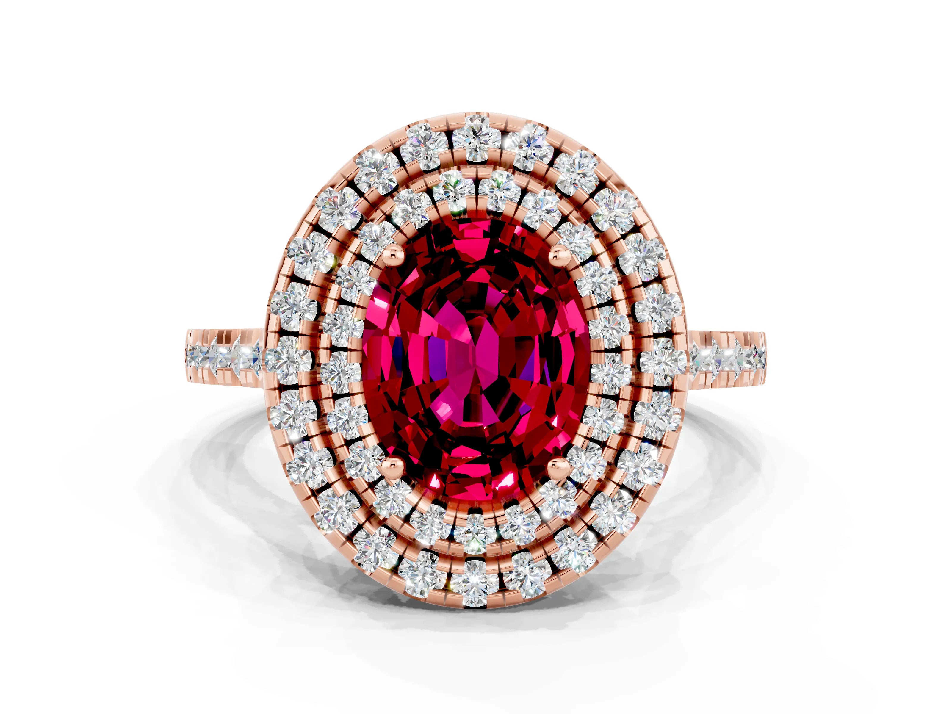 Rose gold Double Halo Oval Cut Garnet Pavé Band with Four-Prong Setting