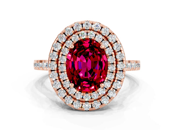 Rose gold Double Halo Oval Cut Garnet Pavé Band with Four-Prong Setting