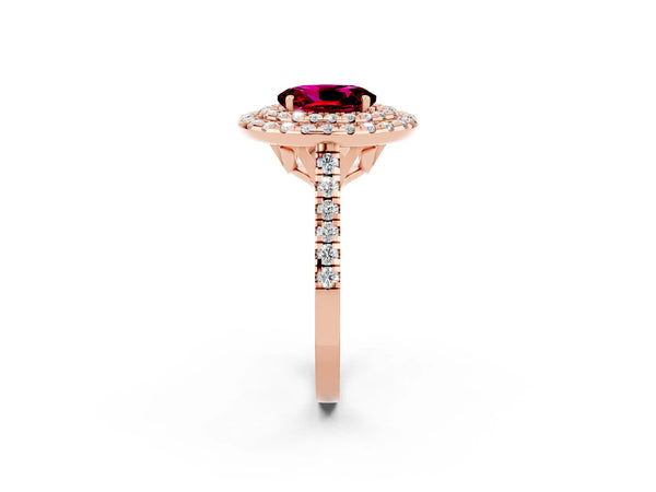 Rose gold Double Halo Oval Cut Garnet Pavé Band with Four-Prong Setting