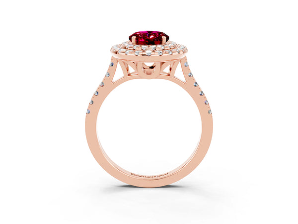 Rose gold Double Halo Oval Cut Garnet Pavé Band with Four-Prong Setting