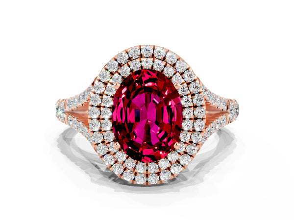 Rose gold Double Halo Oval Cut Garnet Pavé Split Shank Ring with Prong Setting