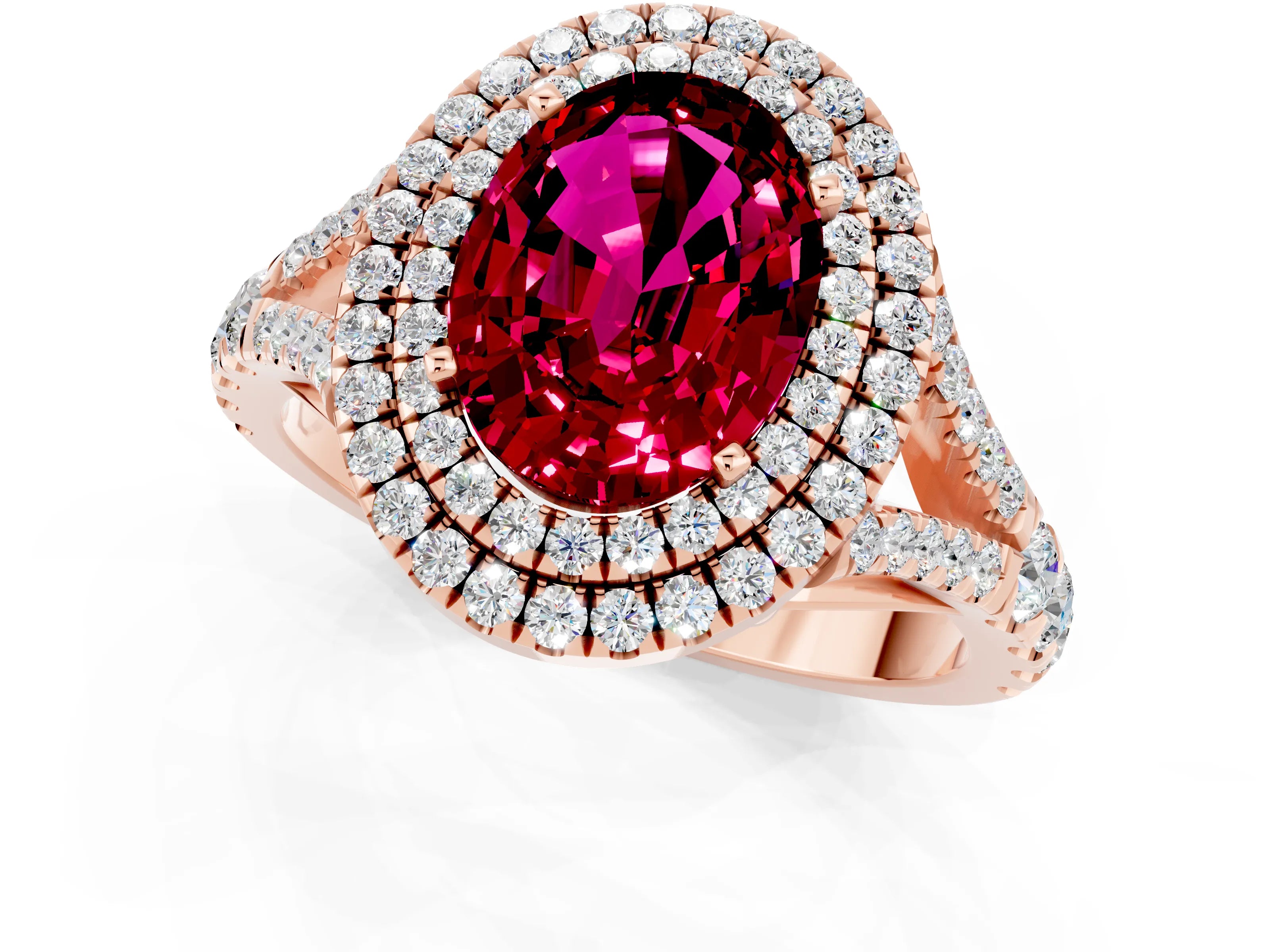 Rose gold Double Halo Oval Cut Garnet Pavé Split Shank Ring with Prong Setting_1