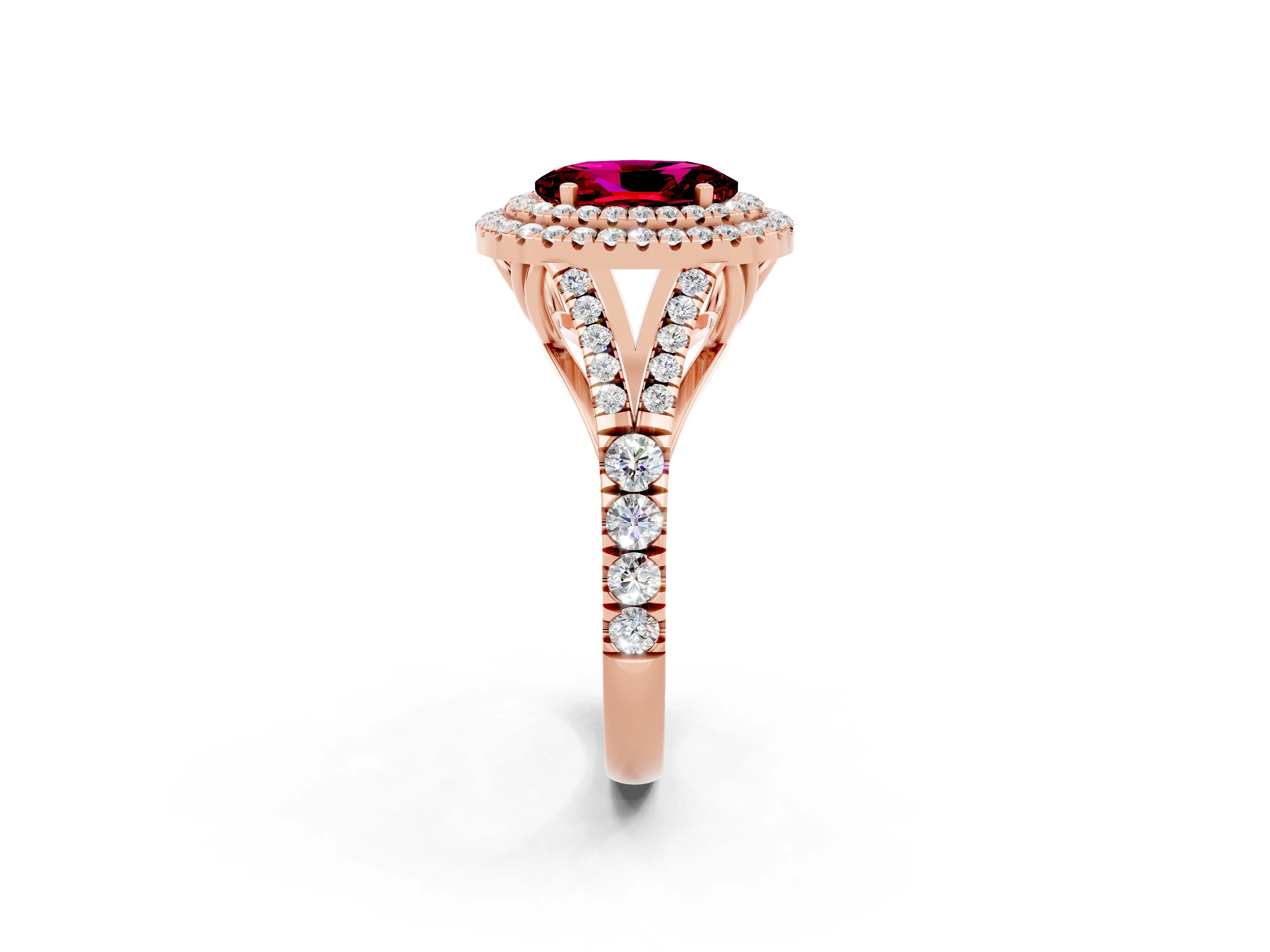 Rose gold Double Halo Oval Cut Garnet Pavé Split Shank Ring with Prong Setting_2