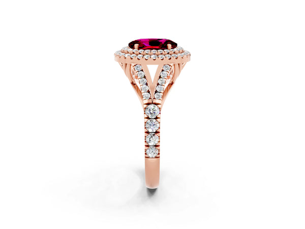 Rose gold Double Halo Oval Cut Garnet Pavé Split Shank Ring with Prong Setting