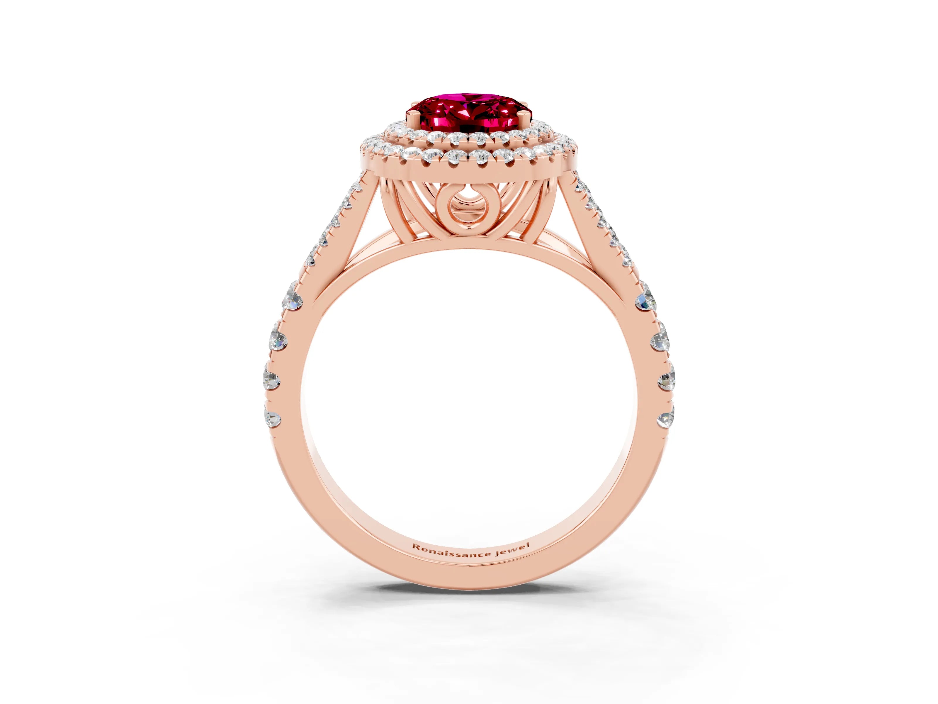 Rose gold Double Halo Oval Cut Garnet Pavé Split Shank Ring with Prong Setting_3