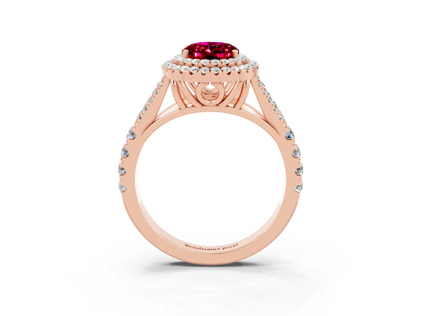 Rose gold Double Halo Oval Cut Garnet Pavé Split Shank Ring with Prong Setting