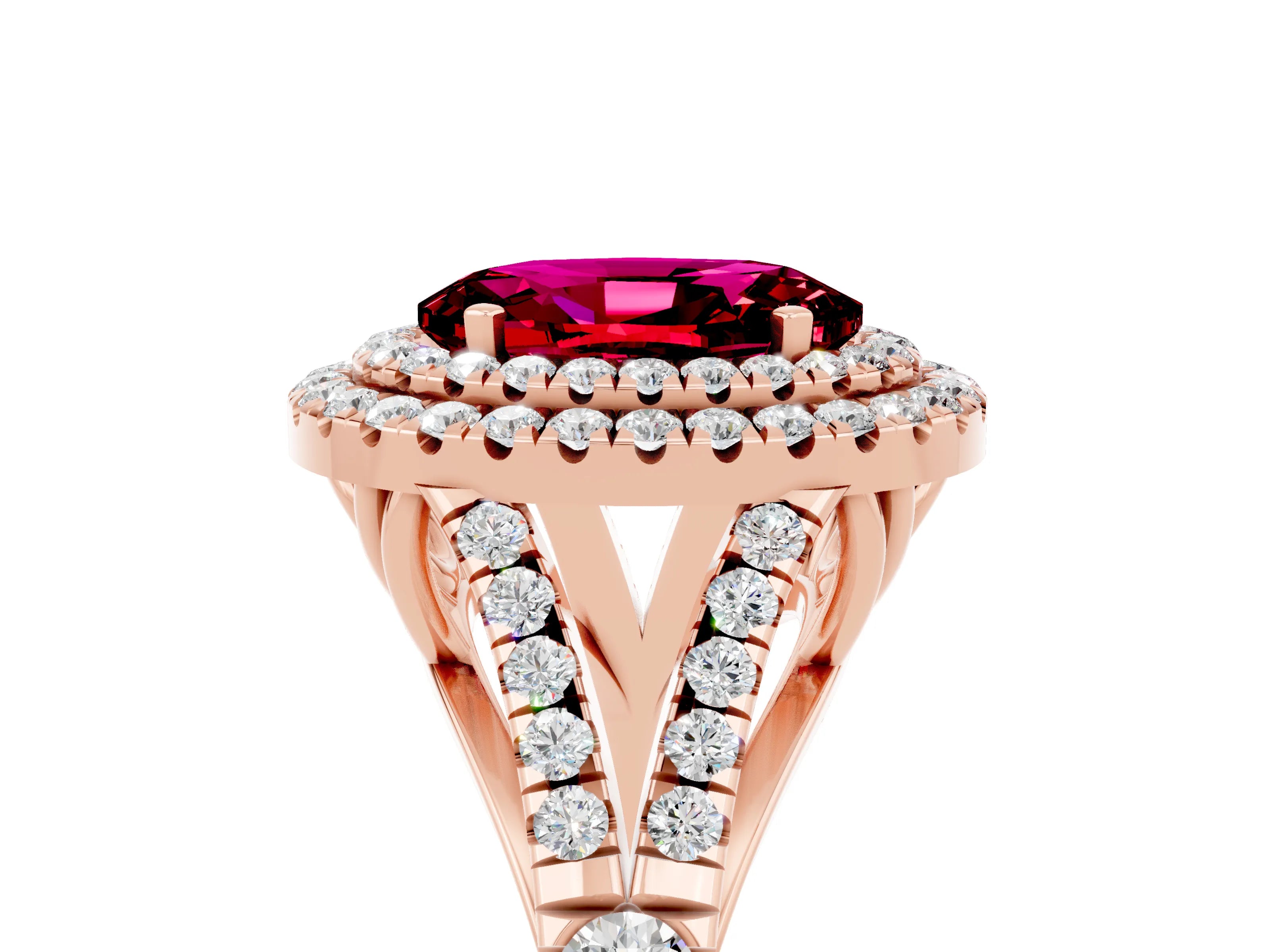 Rose gold Double Halo Oval Cut Garnet Pavé Split Shank Ring with Prong Setting_5