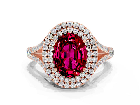 Rose gold Double Halo Oval Cut Garnet Pavé Split Shank Ring with Prong Setting