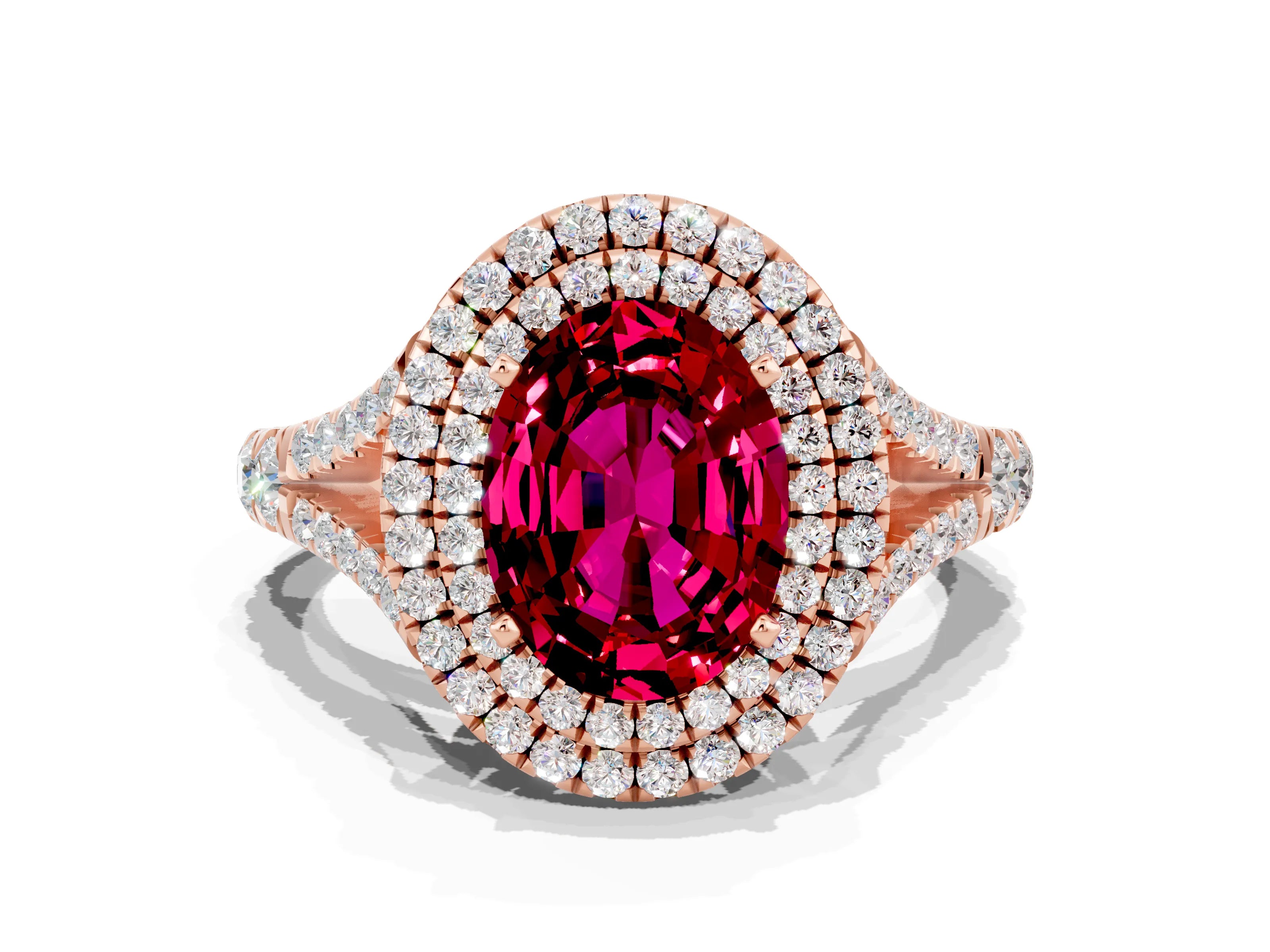 Rose gold Double Halo Oval Cut Garnet Split Shank Engagement Ring with Four-Prong Setting