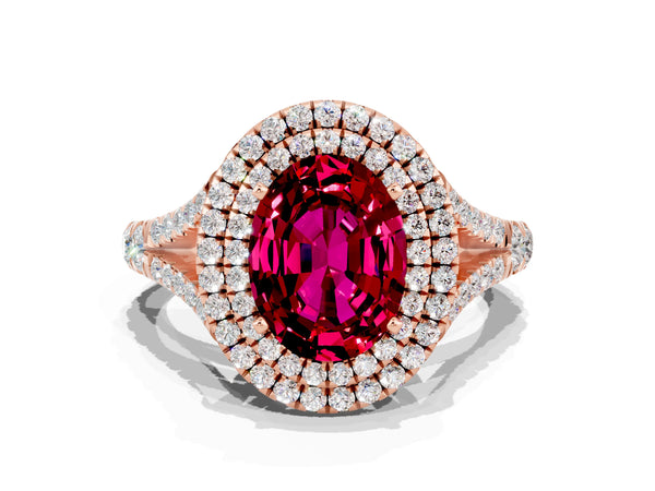 Rose gold Double Halo Oval Cut Garnet Split Shank Engagement Ring with Four-Prong Setting