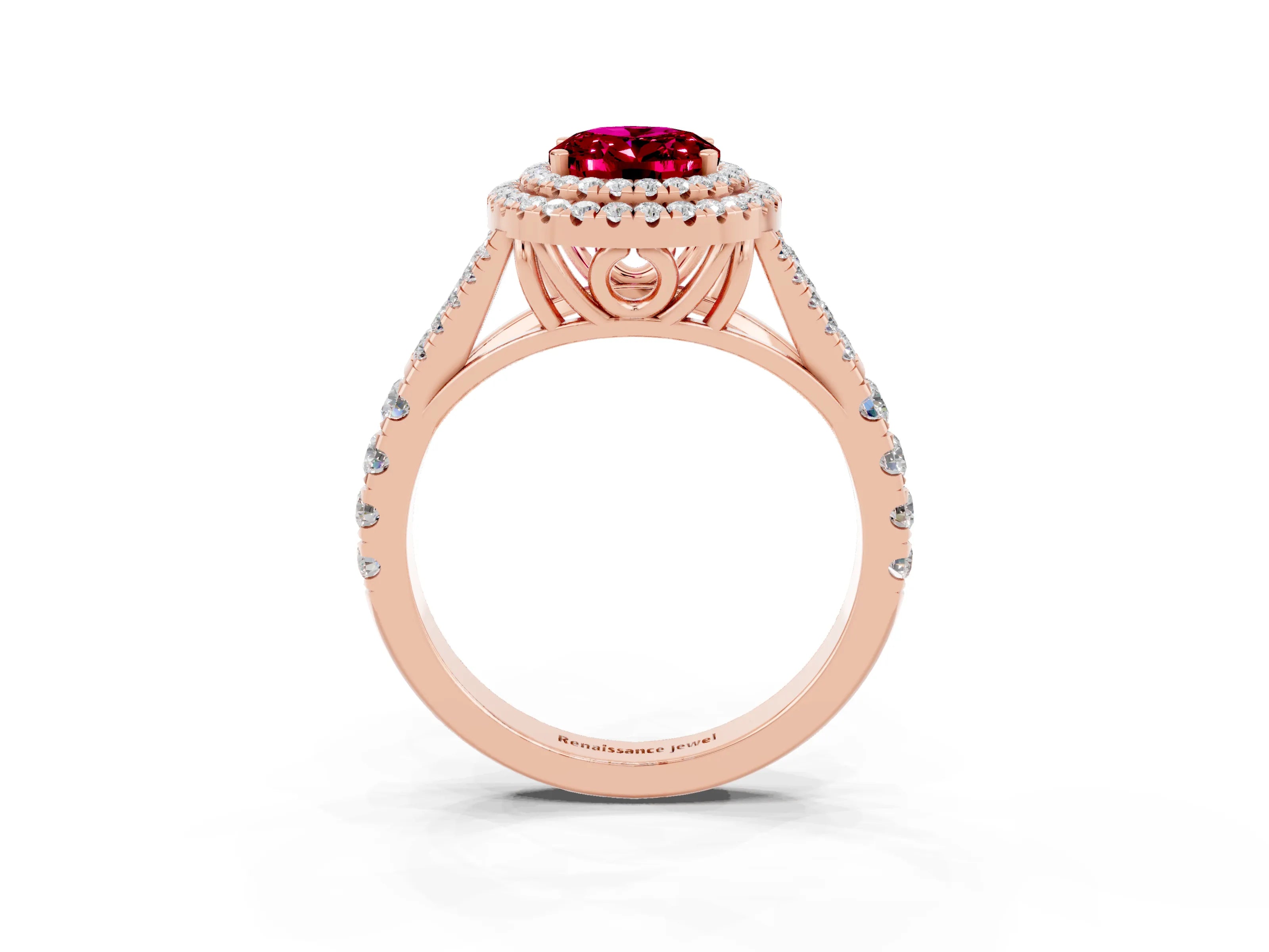Rose gold Double Halo Oval Cut Garnet Split Shank Engagement Ring with Four-Prong Setting_3