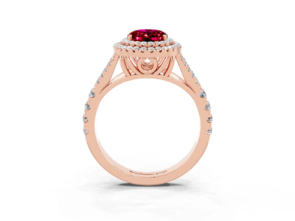 Rose gold Double Halo Oval Cut Garnet Split Shank Engagement Ring with Four-Prong Setting